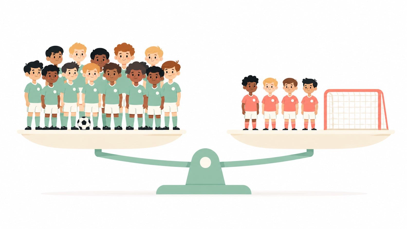 Two cartoon football teams on a giant balance scale being evened out by a goal handicap
