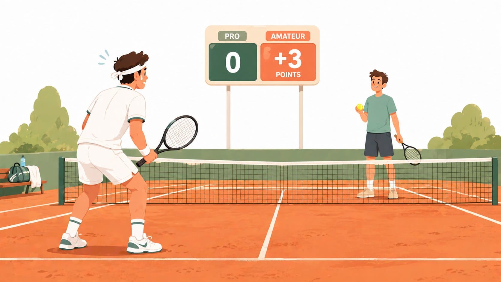 A professional tennis player facing an amateur on a clay court with a scoreboard giving the amateur a +3 points head start